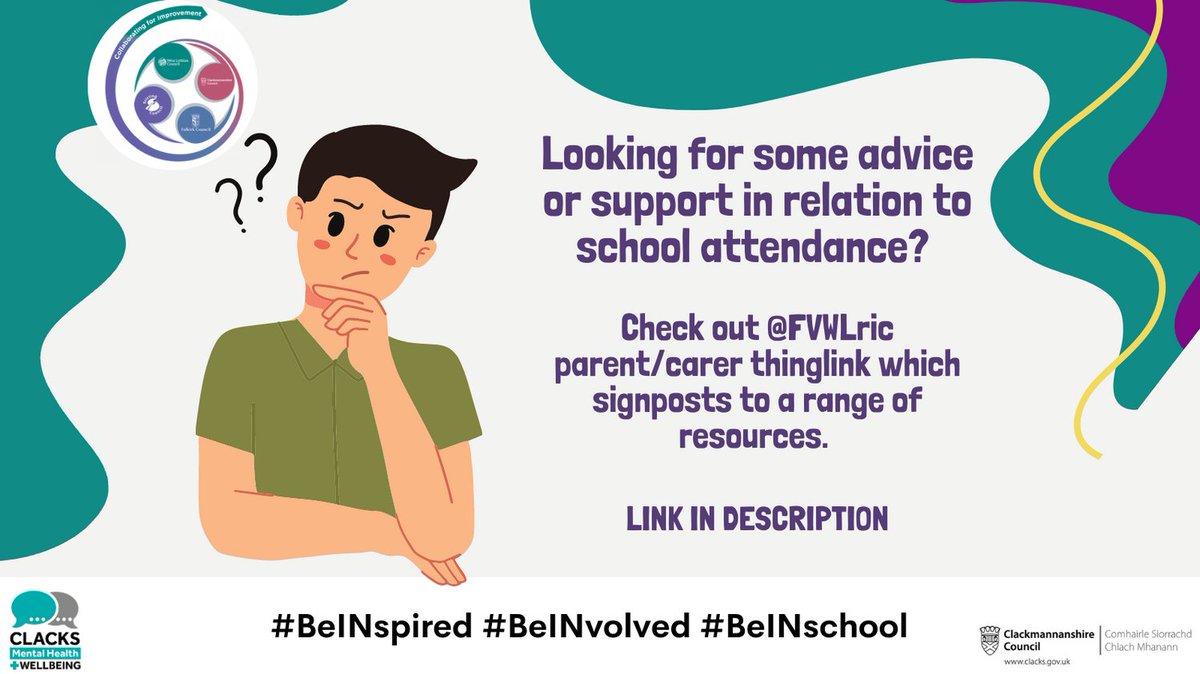Looking for some advice or support in relation to school attendance? Check out @FVWLric parent/carer thinglink which signposts to a range of resources. thinglink.com/scene/16802437… #MHWBClacks #BeINspired #BeINvolved #BeINschool