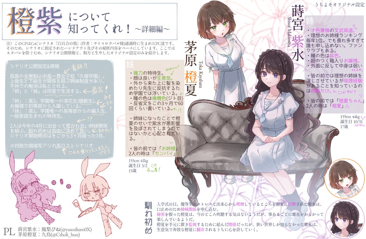 私がよく描くうちよそ創作百合CP 橙紫のプレゼン!🧡💜 ←5秒でわかるやつと、詳しいやつ!→ 供給待ってます!!!!!!!!