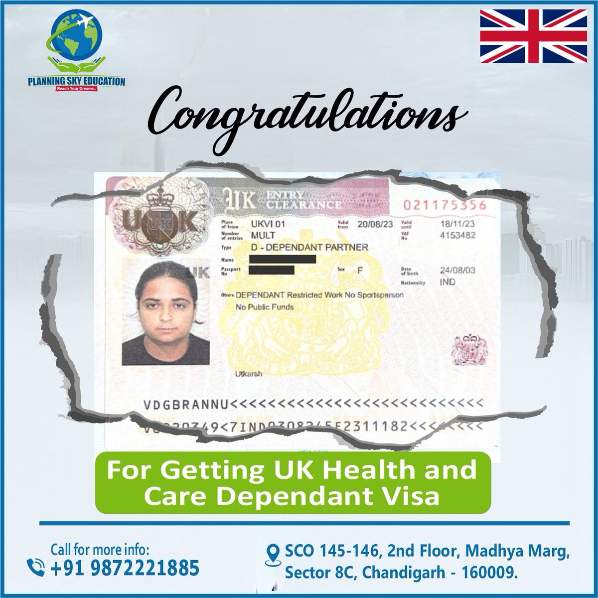 Congratulations on obtaining your UK Health and Care Dependant Visa! 
🎊 Let us guide you through every step of your exciting adventure.

#PlanningSkyEducation #UKVisa #HealthAndCareDependantVisa #Congratulations #NewBeginnings #StartYourJourney #ExploreTheUK