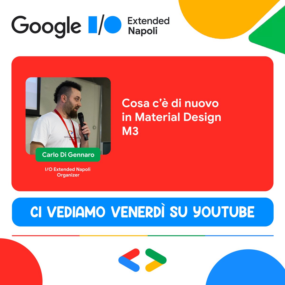 GDGNapoli's tweet photo. Sveliamo i talk di domani al Google I/O Extended 2023, in diretta su YouTube https://t.co/uGDIp17cUE

Cosa c’è di nuovo in Android con @AlessioR101 

Cosa c’è di nuovo in Google Pay &amp; Google Wallet con Sergio Caiazza

Cosa c’è di nuovo in Material Design con Carlo Di Gennaro https://t.co/SDpPJNWalr