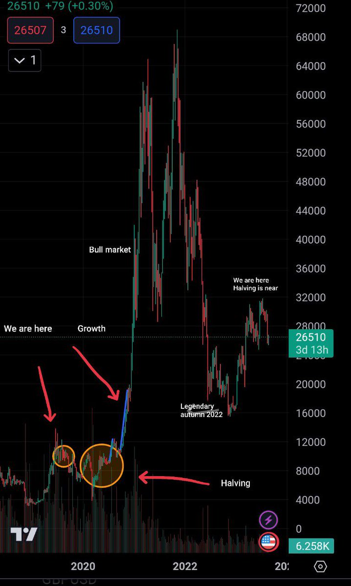 CrazyWalrus's tweet photo. Growth is inevitable. 
The last bitcoin halving took place in May 2020. The next Halving will take place in the first half of 2024, after which it will take a little more than a year for Bitcoin to reach its maximum values. Therefore, we can expect growth in mid-2025. https://t.co/j6NZcCkTzO