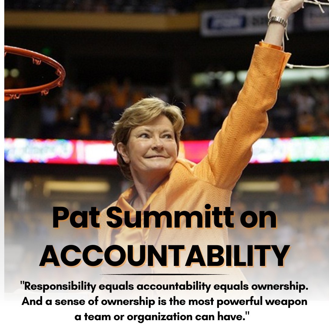 Pat Summitt said, "Responsibility equals accountability equals ownership. And a sense of ownership is the most powerful weapon a team or organization can have."

Accountability means taking ownership.

Success doesn't happen without accountability.

Accountability is not only