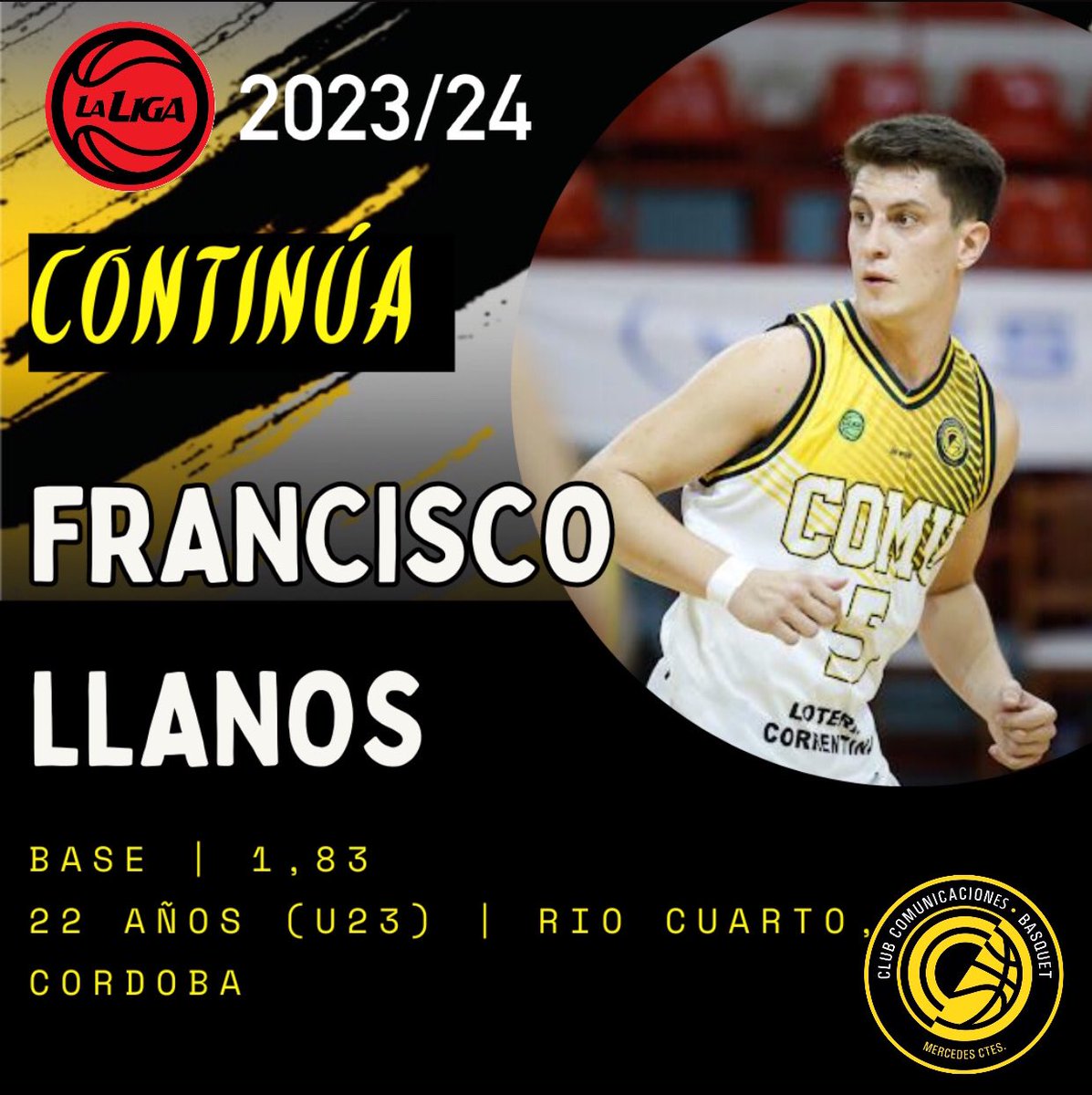 comumercedes's tweet photo. #LNB | Llanos continúa en el aurinegro!! 🏀💪🏼
Francisco Llanos, ficha #U23 continuará en Comunicaciones en esta temporada 23/24 de la Liga Nacional, que inicia sus trabajos de pretemporada el lunes 28 de agosto.
#VAMOSCOMU 💛🖤🐊 https://t.co/k8P5wZ4HLV