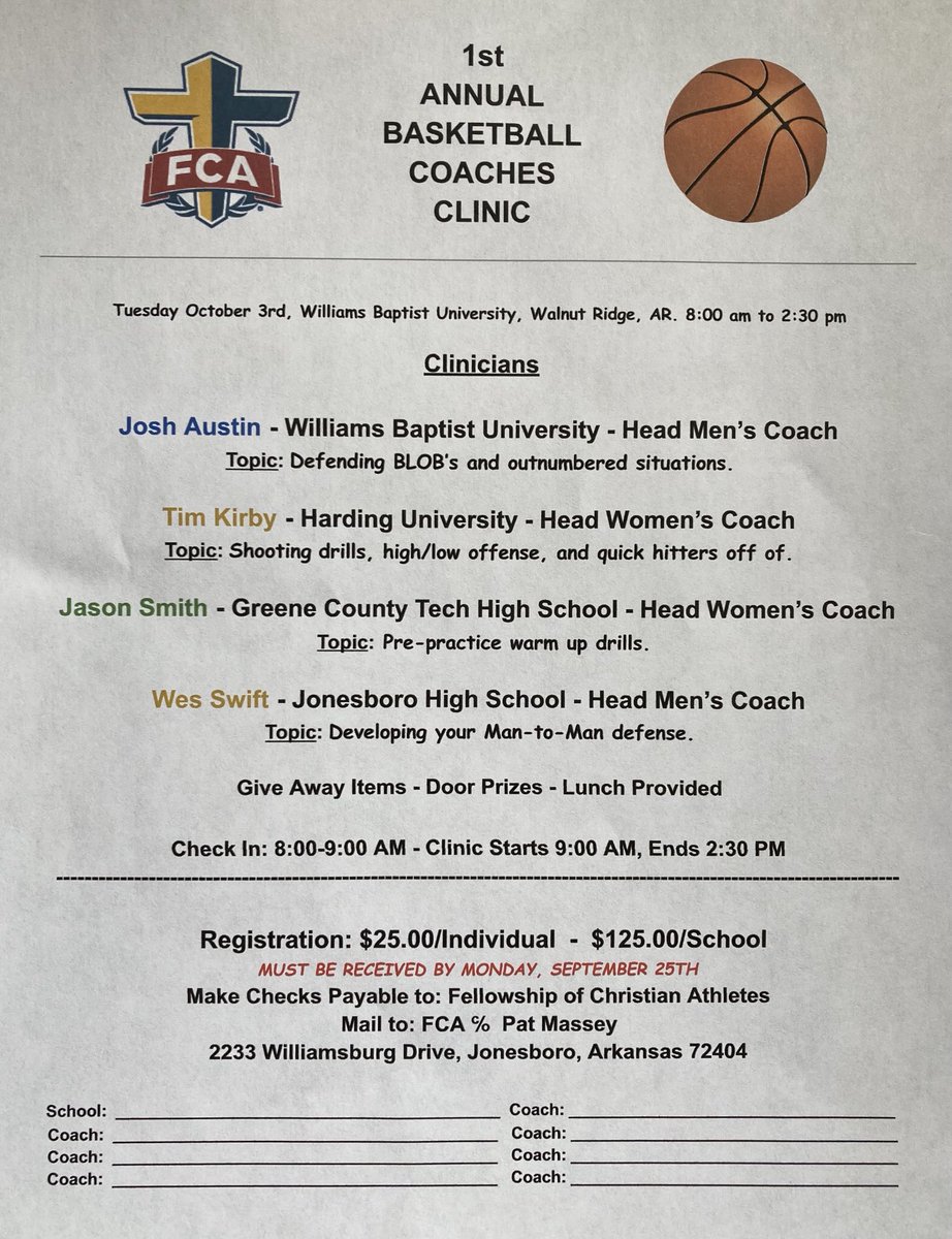 coachaustinj's tweet photo. We are honored to host the first annual FCA basketball coaches clinic here at WBU on October 3!  ⁦@coachwesswift⁩ ⁦@GCTCoachSmith⁩ ⁦@Harding_WBB⁩ https://t.co/biOtIxjmN9