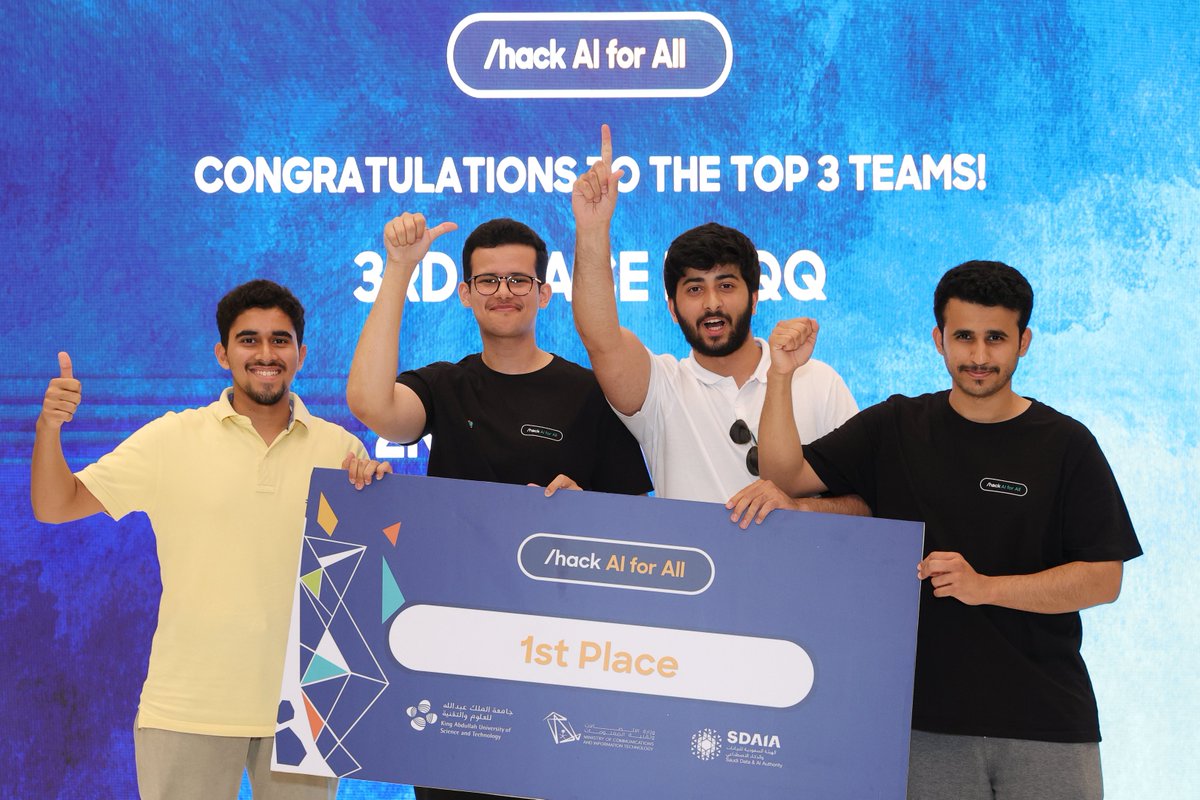 KAUSTStartups's tweet photo. We're thrilled to unveil the champions of #HackAIforAll hackathon:
1st Place: Hunayn 🥇
2nd Place: FHE GPT 🥈
3rd Place: HAQQ 🥉
These remarkable teams showcased their AI brilliance and innovation, paving the way for a smarter future. 👏💡
#KAUST #DearAI https://t.co/wskTFsYk6g