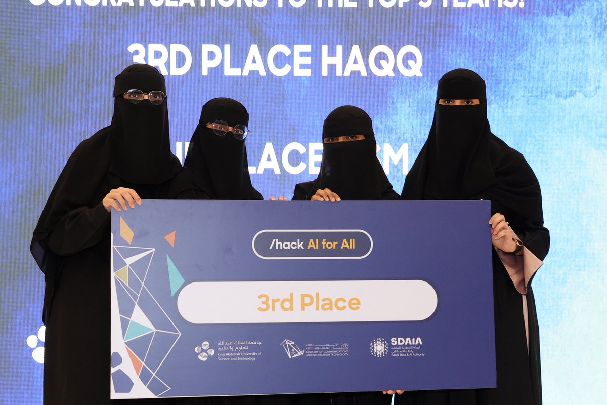 We're thrilled to unveil the champions of #HackAIforAll hackathon: 1st Place: Hunayn 🥇 2nd Place: FHE GPT 🥈 3rd Place: HAQQ 🥉 These remarkable teams showcased their AI brilliance and innovation, paving the way for a smarter future. 👏💡 #KAUST #DearAI