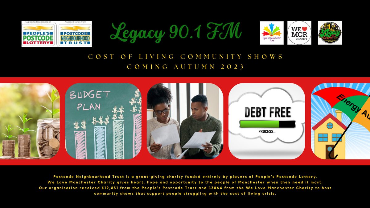 Legacy901FM's tweet image. Cost of living dragging you down?
Join us for cost of living community shows. E
Advice from GM Law Centre &amp;amp; MSV Housing. 
Add your voice by emailing legacy901fm@gmail.com
More info: legacy901.com
Funded by: People&apos;s Postcode Trust
 We Love Mcr Charity
Spirit of Mcr