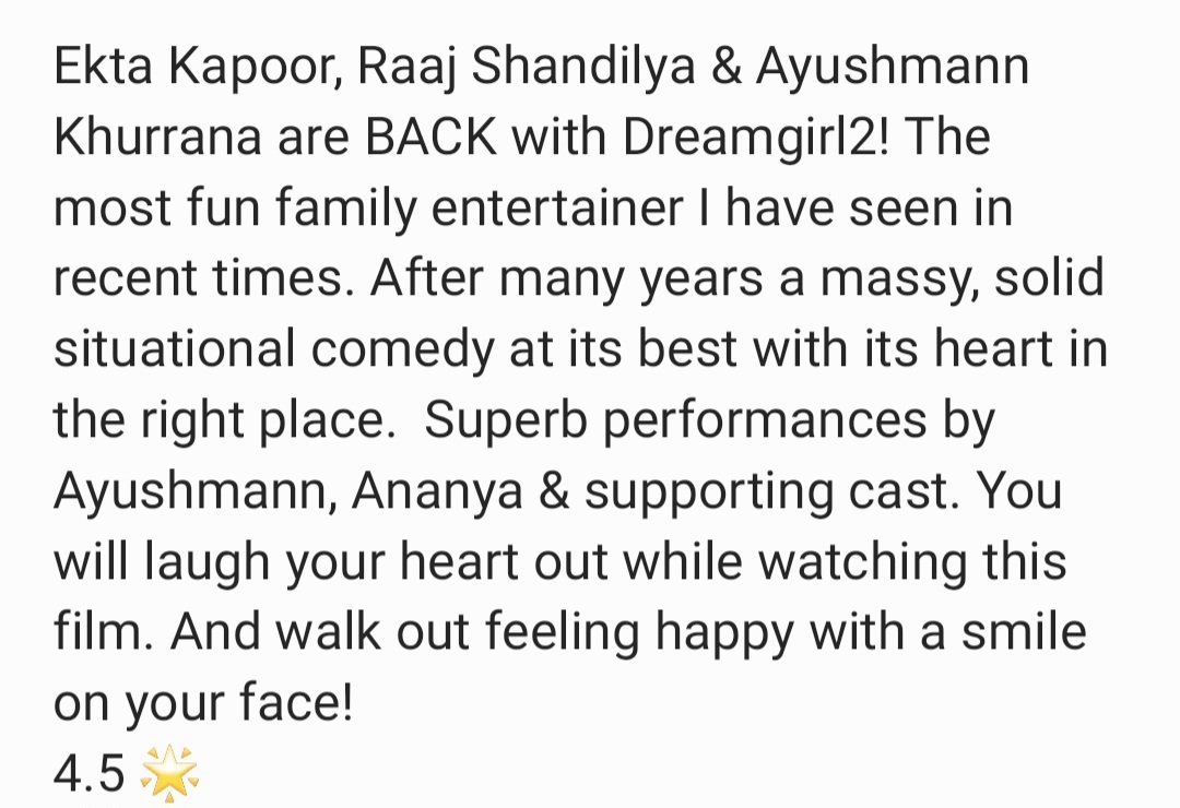 upalakbr999's tweet photo. @EktaaRKapoor @writerraj  &amp; @ayushmannk are BACK with another riproaring, funny, happy, family entertainer again! #DreamGirl2Review
🌟🌟🌟🌟1/2 https://t.co/ZKwzKBW0I7