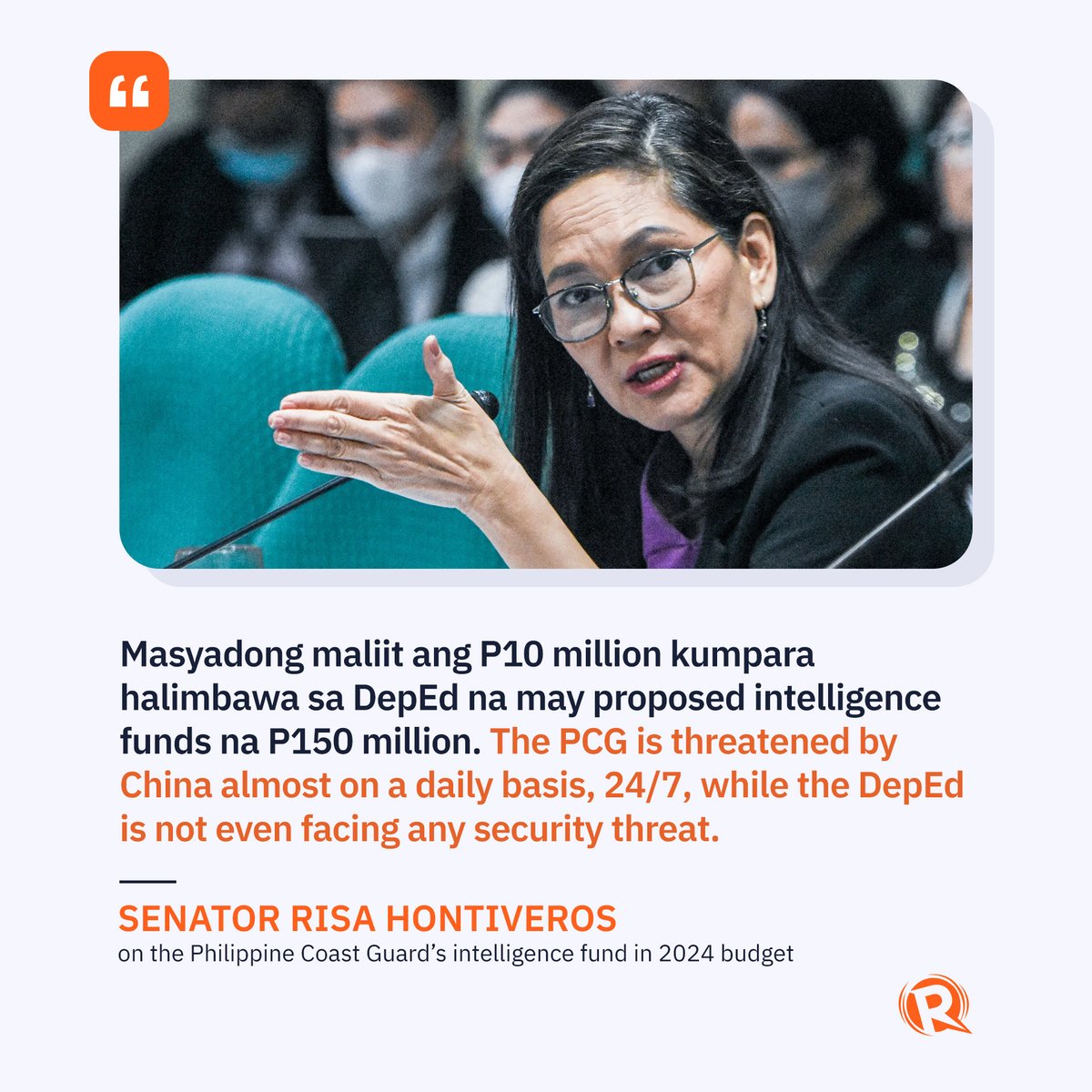rapplerdotcom's tweet photo. Opposition senator Risa Hontiveros called for a bigger intelligence fund for the Philippine Coast Guard, saying that the P10-million proposed amount in the 2024 national budget would not be enough to help fend off China’s incursions in the West Philippine Sea. https://t.co/wCQgDISX9L