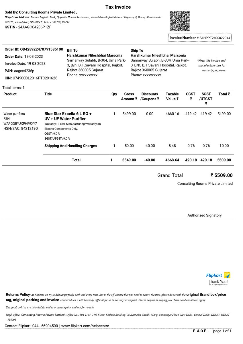 HarshMarsonia's tweet photo. 🚨Urgent Complaint🚨Just bought @BlueStarLtd @BlueStarCare  Excella Water Purifier from @Flipkart Delivery on 21/08/2023, technician found defective membrane during installation on 22/08/2023. Asked for replacement but caught between Both. Unacceptable!"🤬@PMOIndia @narendramodi https://t.co/T86TMOI7cp