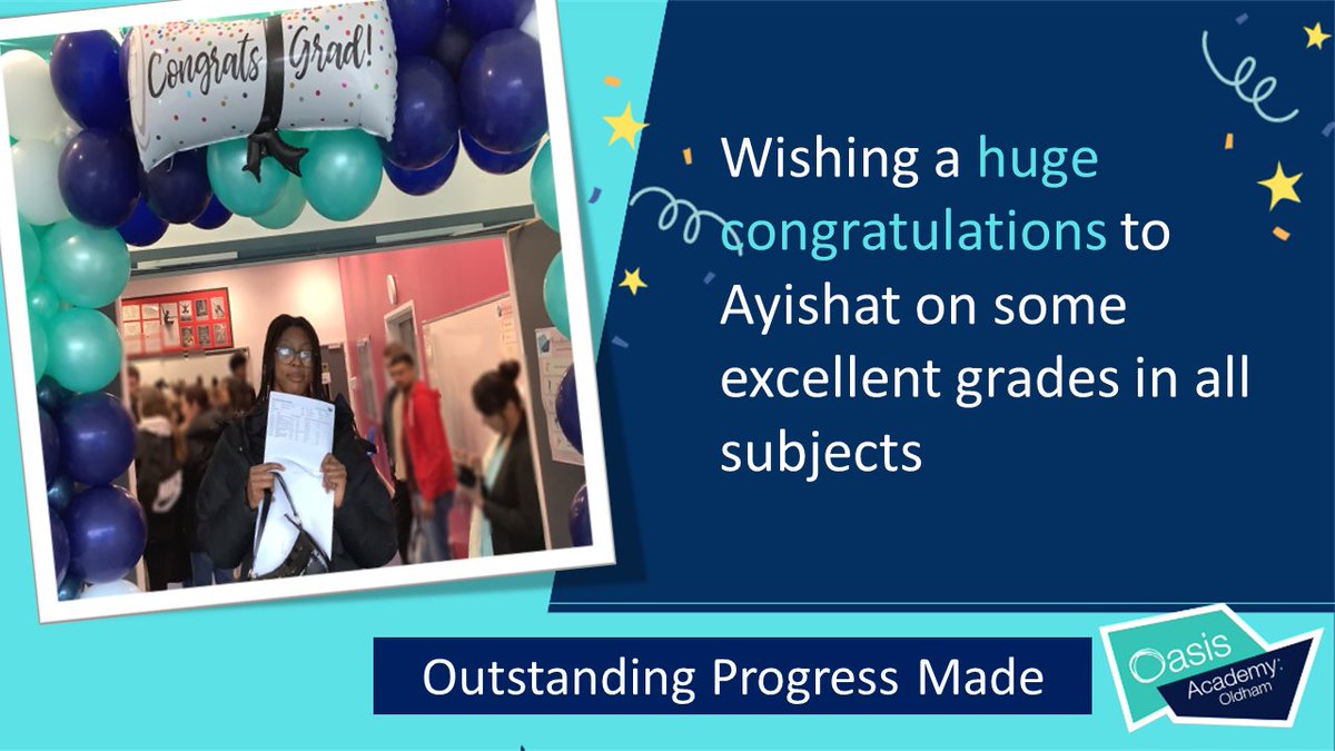 OldhamOasis's tweet photo. Well done Ayishat! We hope you are absolutely thrilled with your results, some excellent grades achieved π#proudofyou #GCSEResultsDay #OCLResults #OAO #GCSResults
#DevelopingCharacterCompetenceandCommunity https://t.co/k9Uuv3zfAL