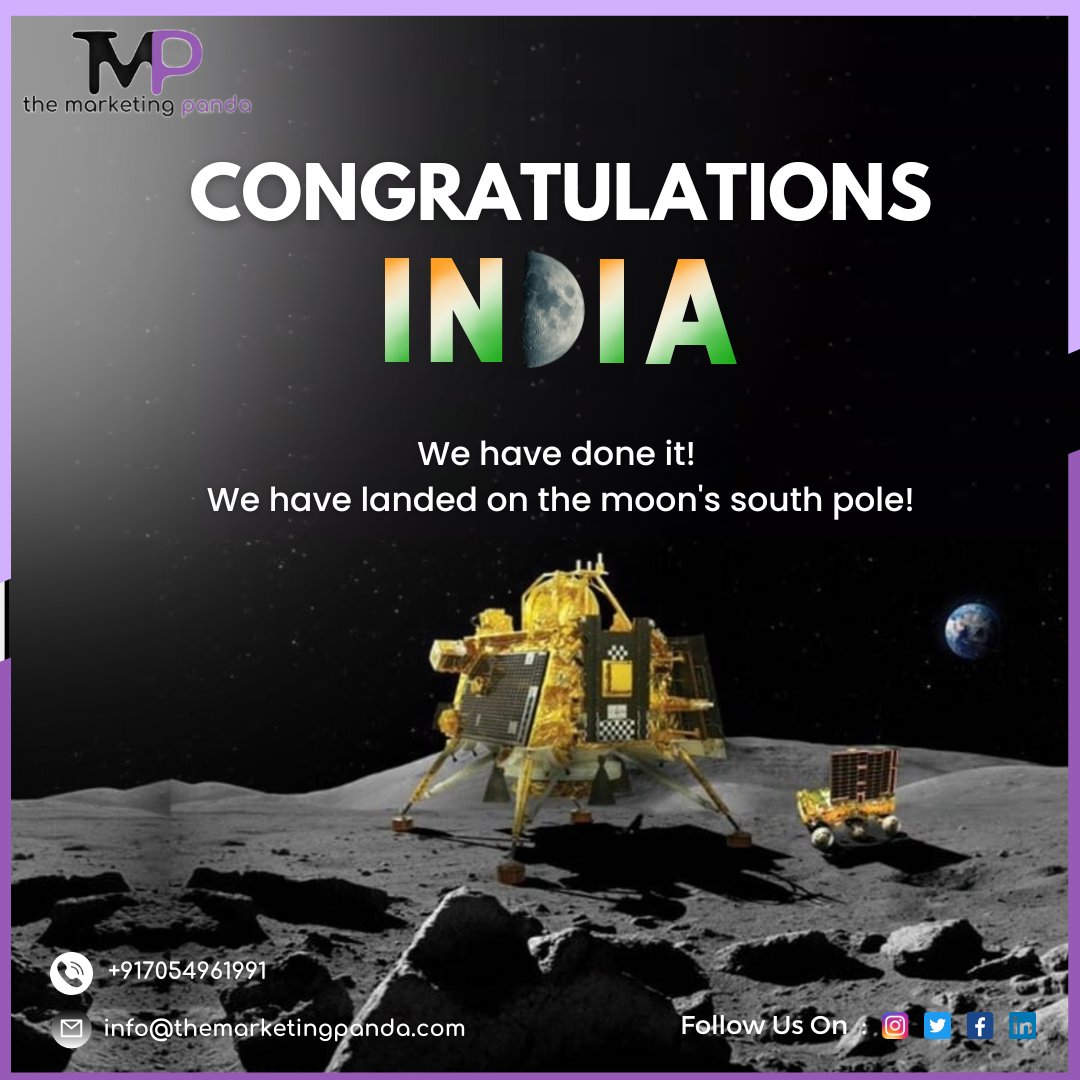 _marketingpanda's tweet photo. Congratulations @isro for this historic achievement. We are proud of you. 

It's a historic moment for every Indian around the globe, we are first ever country to reach the South Pole of #Moon. 

Follow Us @_marketingpanda 

#Chandrayaan3  #Chandrayaan_3  #Chandrayaan3Mission https://t.co/i2W7356bas