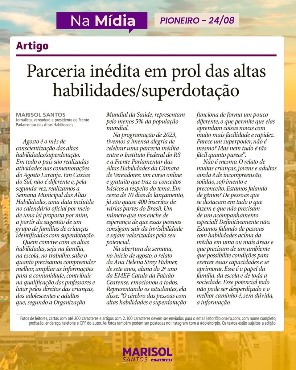 marisol_santoss's tweet photo. O @_pioneiro traz hoje o artigo "Parceria inédita em prol das altas habilidades/superdotação". O texto, assinado por mim, fala do curso gratuito sobre altas habilidades construído em parceria pela Frente Parlamentar das Altas Habilidades e pelo @IFRSOficial. Clique para ler! https://t.co/ERrW0IWJNY