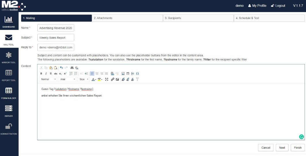 M2dot's tweet photo. This week we take a closer look at the #solutions developed by #M2 itself. Today we're looking at the Mail Tool. It allows you to automate mailings with dynamic and user-specific @tableau  content to any email recipient:

https://t.co/Xt8FVSHSZi https://t.co/bttkpIGSWd