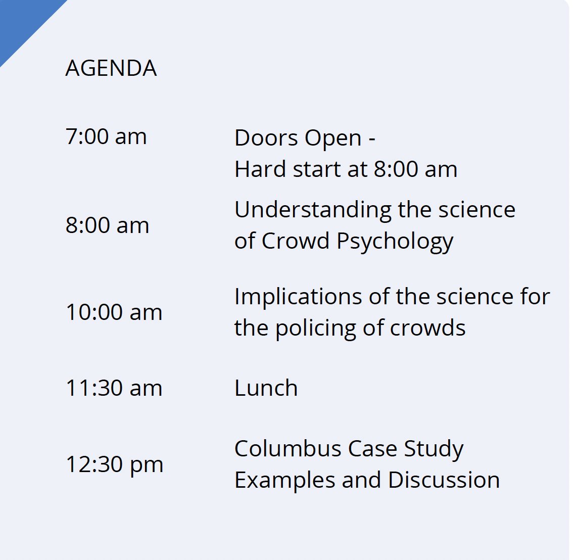 Looking forward to disseminating our research and theory on dialogue based approaches to crowd management tomorrow, to over 200 law enforcement and public service officials from all over the mid-west.