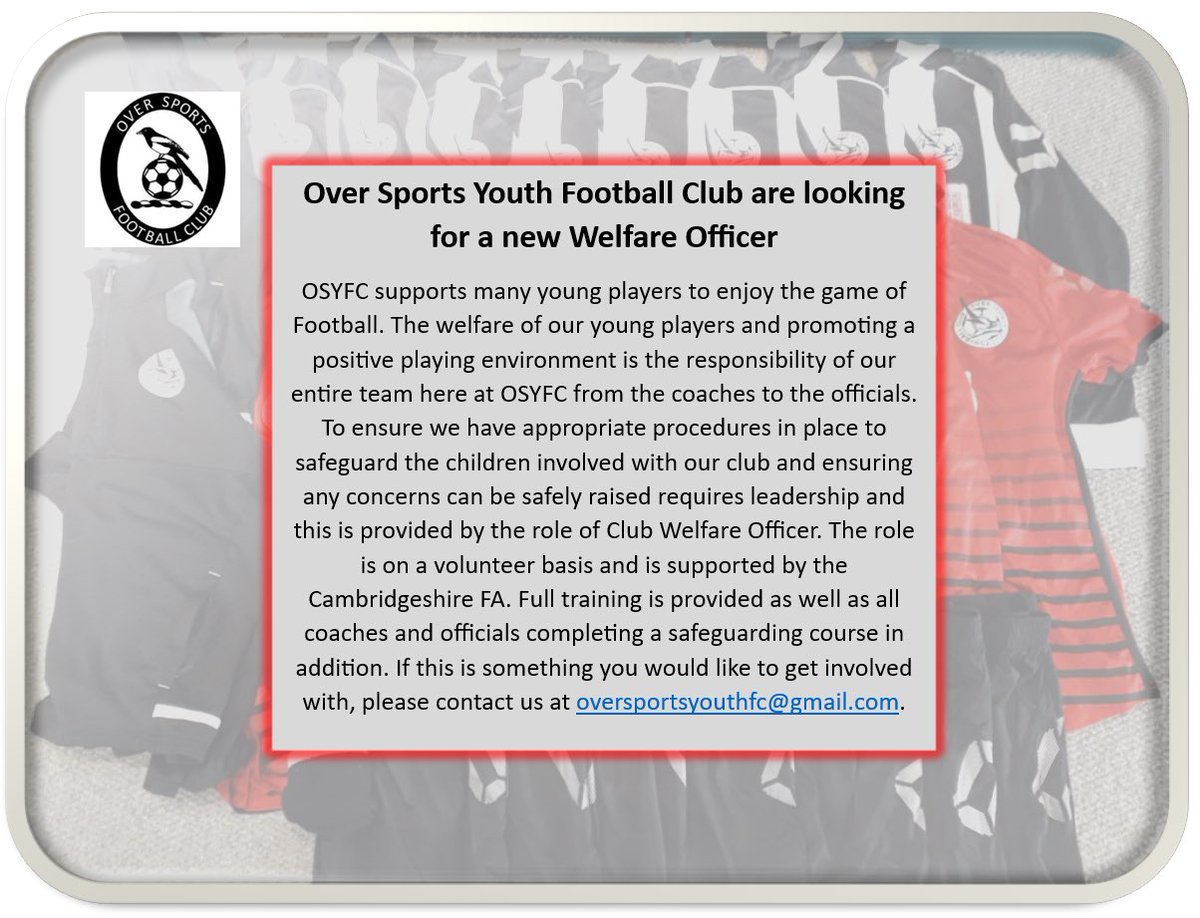 We require a new Child Welfare Officer (CWO) Please see the below advert for details. 

Note: this is a mandatory role within grassroots football clubs and as such the role must be filled in order for us to remain registered and affiliated.
