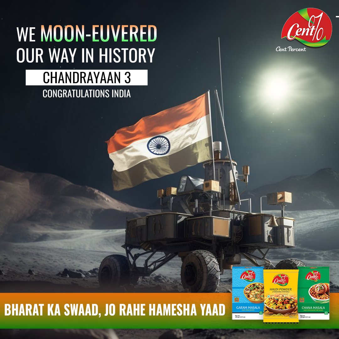 Centprcent's tweet photo. Cent% commends the determined efforts of ISRO scientists who made this extraordinary feat possible. 
#IndianMasala #PremiumMasala #CentPercentSpices #indian  #chandrayaan3mission #isro #Chandrayaan3 #Chandrayaan3Landing #ProudMoment #VikramLander #ISRO #bharat #proudtobeindians https://t.co/mstzVPwNMz