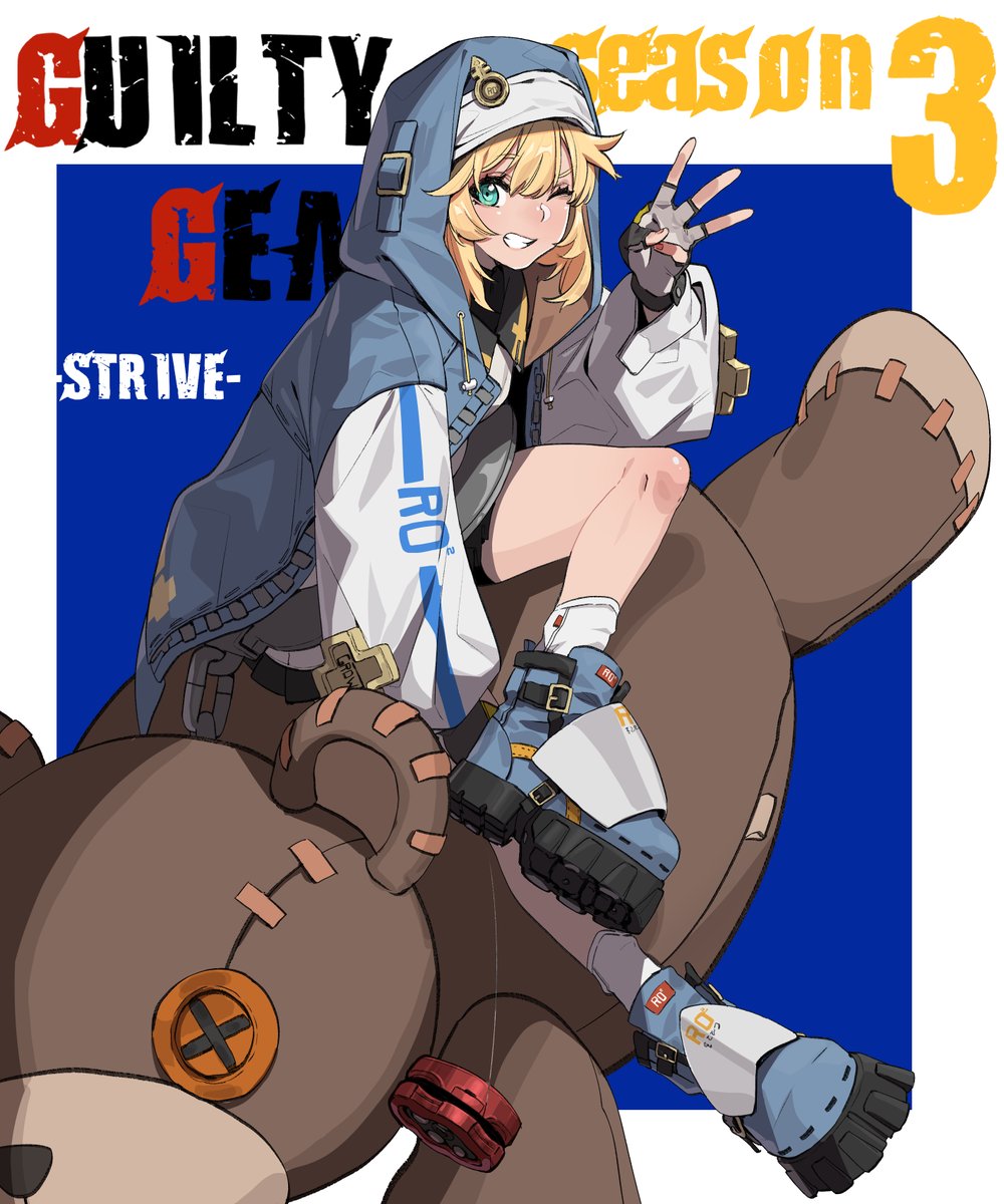 bridget (guilty gear) teddy bear 1boy stuffed toy fingerless gloves gloves stuffed animal male focus  illustration images