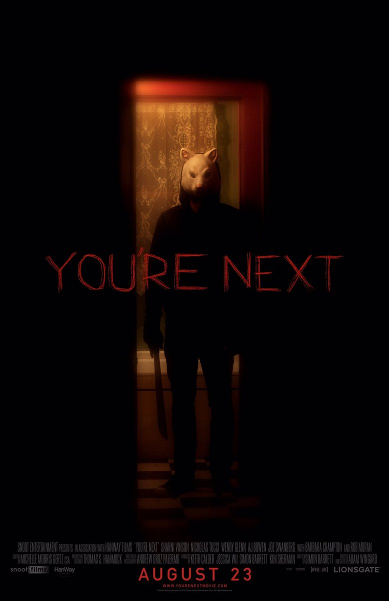 FilmNewsNos's tweet photo. 🎬MOVIE HISTORY: 10 years ago today, August 23, 2013, the movie ‘You’re Next’ opened in theaters!

#SharniVinson #NicholasTucci #WendyGlenn #AJBowen #JoeSwanberg #RobMoran #BarbaraCrampton #SarahMyers #AmySeimetz #TiWest #LaneHughes #LCHolt #SimonBarrett #LarryFessenden https://t.co/b24XEmKSLO