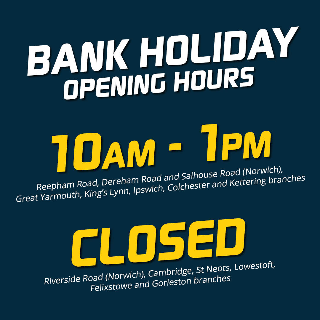 FastFit_Ltd's tweet photo. This Bank Holiday Monday 28th August our Norwich Salhouse Rd, Reepham Rd, Dereham Rd, Great Yarmouth, King’s Lynn, Ipswich, Colchester &amp; Kettering branches will be open 10am to 1pm.
All other branches will be CLOSED.
Our normal opening hours will be running on all other days. https://t.co/4Yg7cfTSTe