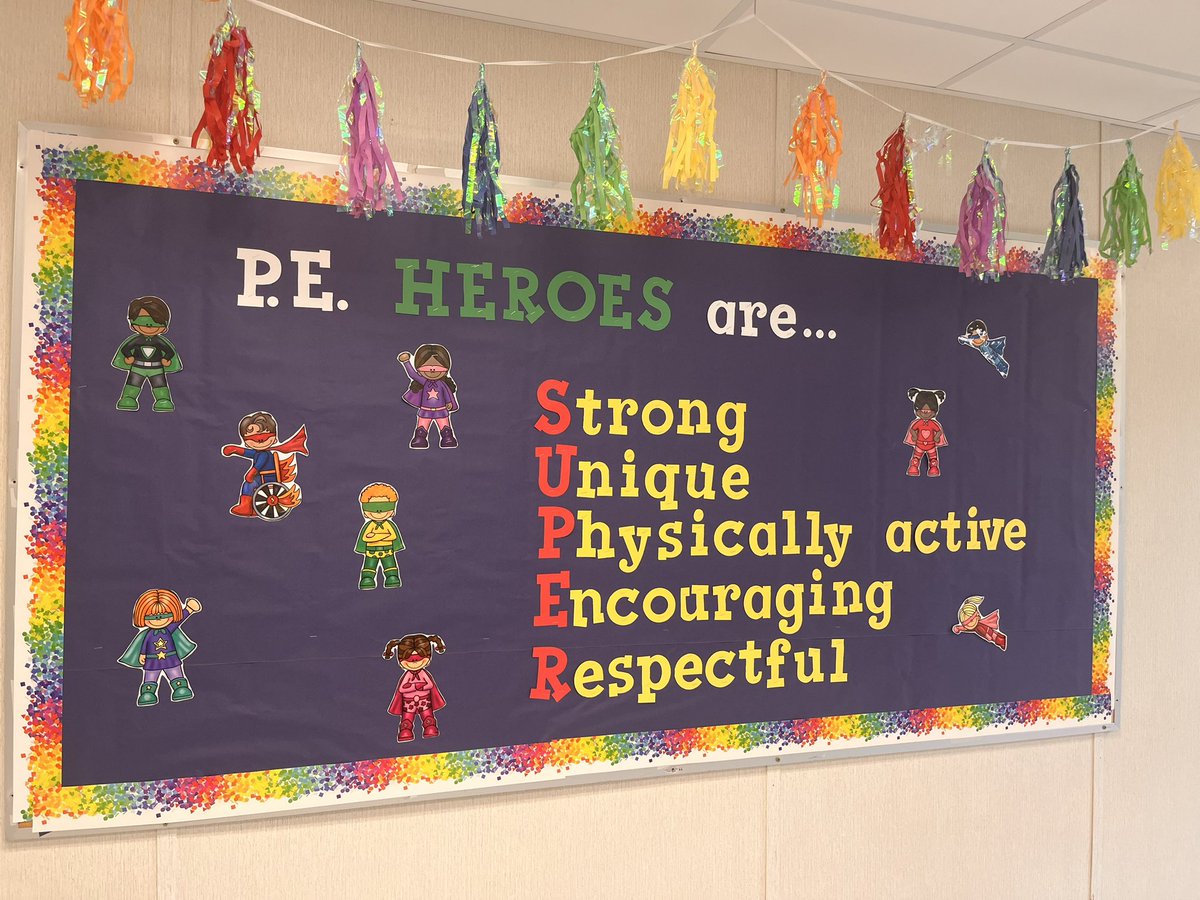 Back to school #bulletinboard to match the school theme of Creating Heroes! Can’t wait to see Ss on Monday!! And shoutout to @CapnPetesPE for the perfect superhero clip art people 🦸‍♀️#pe #elempe