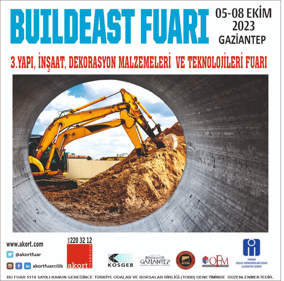 AKORTFUAR's tweet photo. Buildeast 3.Yapı, İnşaat, Dekorasyon Malzemeleri ve Teknolojileri Fuarı 05-08 Ekim 2023 tarihleri arasında Gaziantep Ortadoğu Fuar Merkezi’nde. “ Yeniden Yapılanmada Siz de Yerinizi Alın!” #yapıfuarı #inşaatfuarı #buildeast #dekorasyon #teknoloji #gaziantep #akortfuarcılık https://t.co/uWPbzL6jT2