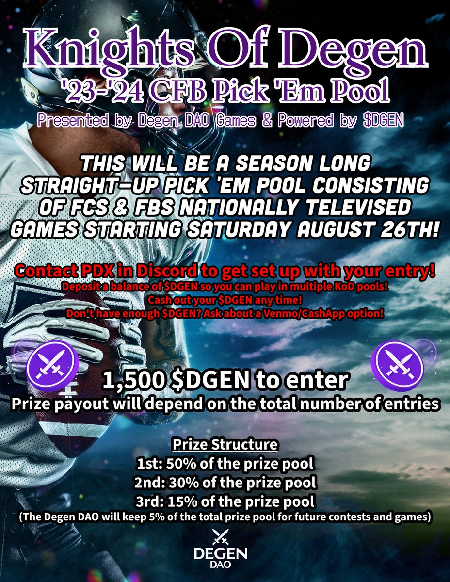 PDXProps's tweet photo. Still time to sign up! Don’t have $DGEN? Ask about Venmo/CashApp options! #PickEm #PickEmPool #CFBPickEm 
@knightsofdegen @DegenDAOxyz https://t.co/hDX7K4pqqU