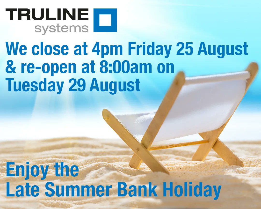 trulinesystems's tweet photo. This weekend includes a bank holiday 🥳 - the last one until Christmas 😭 

To make the most of the late summer sunshine (🤞) our offices and factory will close at 4pm tomorrow, Friday 25 August, and will re-open at 8:00am on Tuesday 29 August.

Have a fabulous long weekend 😎 https://t.co/kUKnlVsg0s