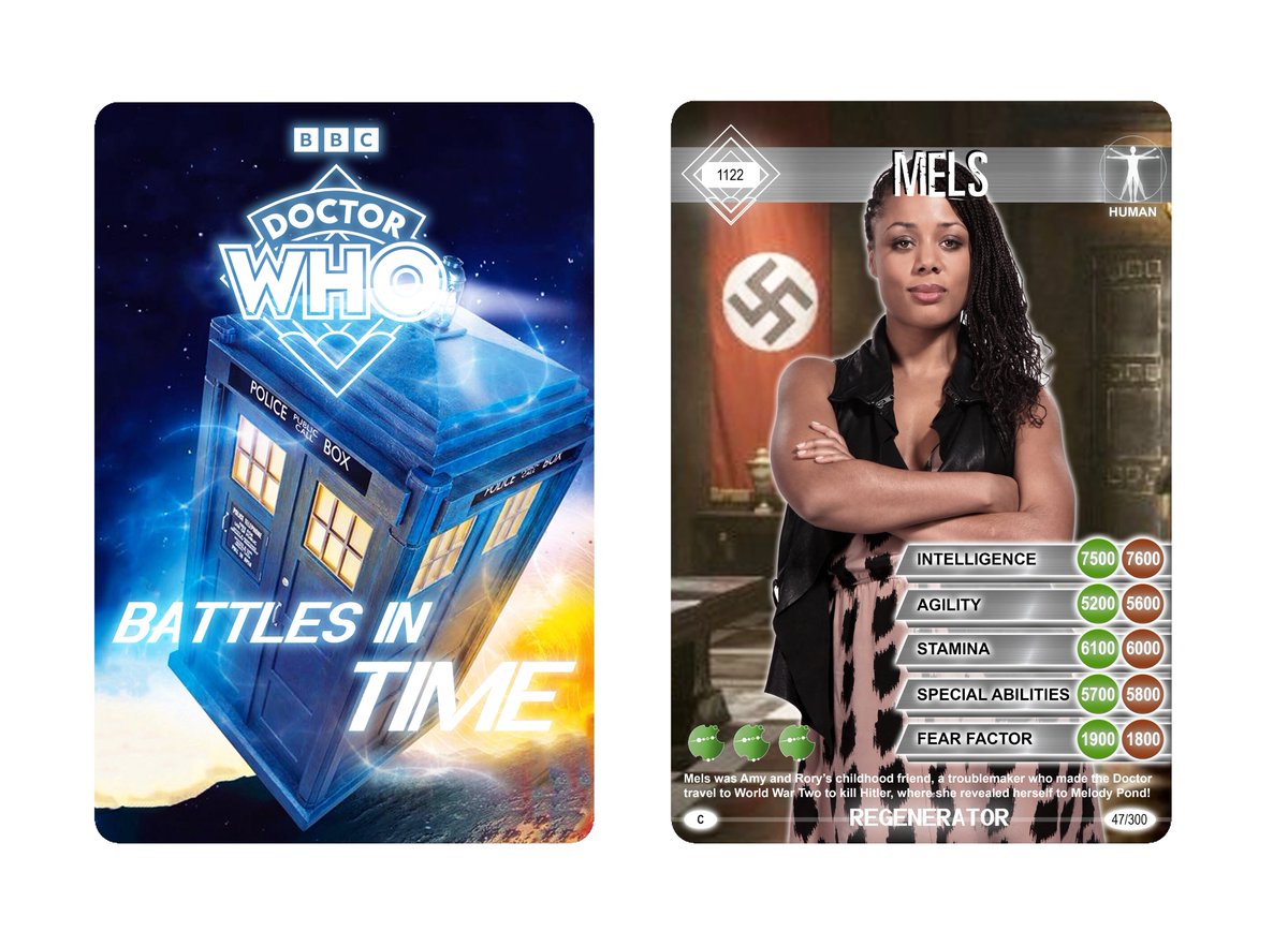 LawrieDesign's tweet photo. Doctor Who Battles in Time                         
Card 1122: Mels             
Regenerator 047/300

#doctorwho #battlesintime #11thdoctor #amypond #rorywilliams #riversong #series6 #letskillhitler #tardis #tradingcard #photoshop https://t.co/ZColWZ4nVz