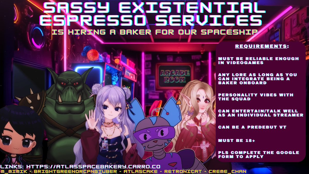 ✨SEEKING NEW MEMBERS FOR OUR VTUBER GROUP!!✨More information in the google interest form. To check out our socials, pls click the 2nd link!! Cross-posted!#VTuberUprising #ENVtubers🌠

Google Application/Interest Form: forms.gle/J7o7VDTkS3DWKf…
Our Members: atlasspacebakery.carrd.co