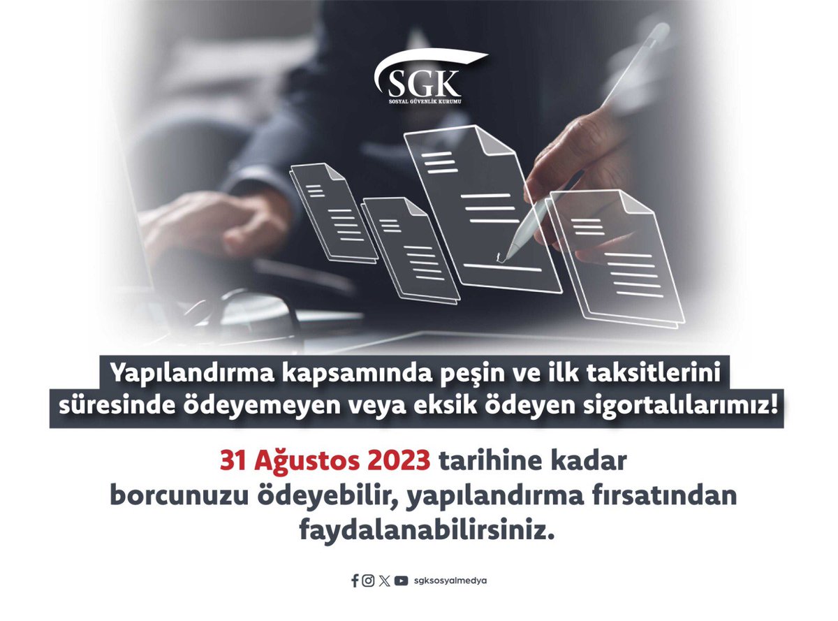 sgksosyalmedya's tweet photo. 7440 Sayılı Yapılandırma Kanunu kapsamında peşin ve ilk taksitlerini süresinde ödeyemeyen veya eksik ödeyen sigortalılarımız!

🗓️ 31 Ağustos 2023 tarihine kadar borcunuzu ödeyebilirsiniz.

Detaylı bilgi için 👇
https://t.co/n6MzL6WKDJ https://t.co/5ccZf1vYxW