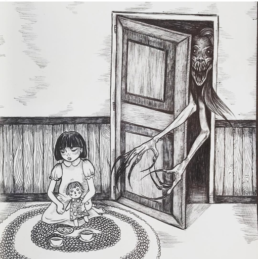 The #Lithuanian boogey man, Baubus is a demon with piercing red eyes, long, thin arms, and wrinkly fingers. It emerges from closets and underneath carpets in the dead of night and kidnaps children who misbehave 

Artist unknown.
#Nightmares