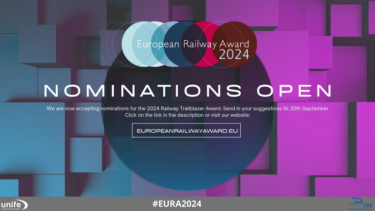 EU_RailwayAward's tweet photo. #EURA2024🏆 
Call for nominations are open!  Send us your pick for who you think positively influenced the rail sector. 

At the #EuropeanRailwayAward2024 we recognise the impressive work done to attract, train and retain new talent in the rail sector!

https://t.co/aDjrZXm1M3 https://t.co/k8ZATYeouO