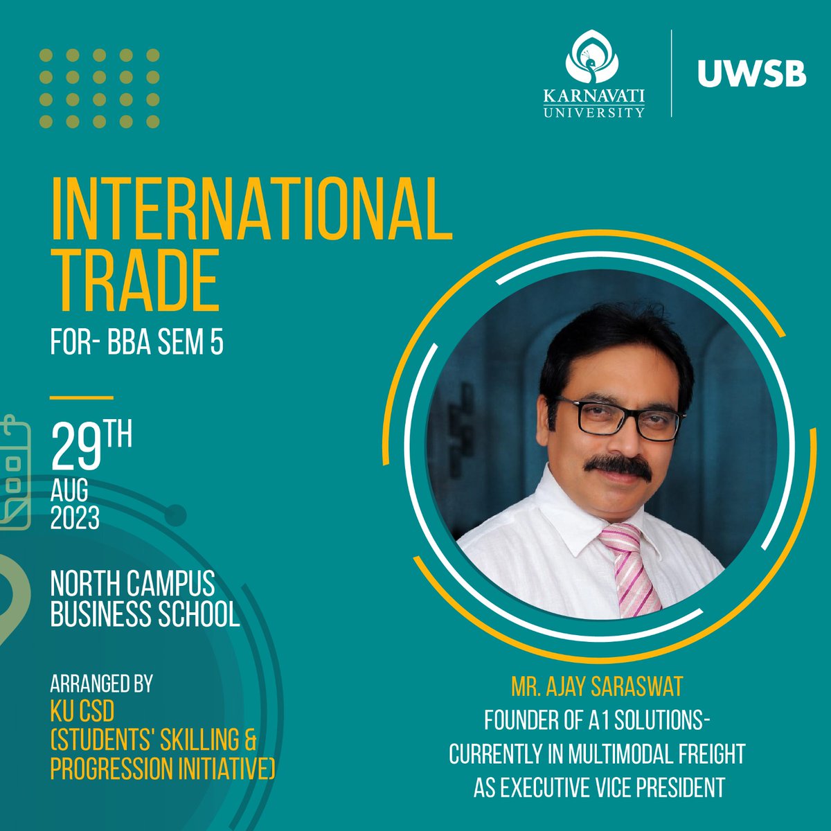 'Unlocking Global Markets: Navigating International Trade 🌍'
Presented by Mr. Ajay Saraswat, founder of A1 Solutions and currently in Multimodal Freight as Executive Vice-President.

#EconomicExchange #WorldwideCommerce
#TradeDiplomacy #business