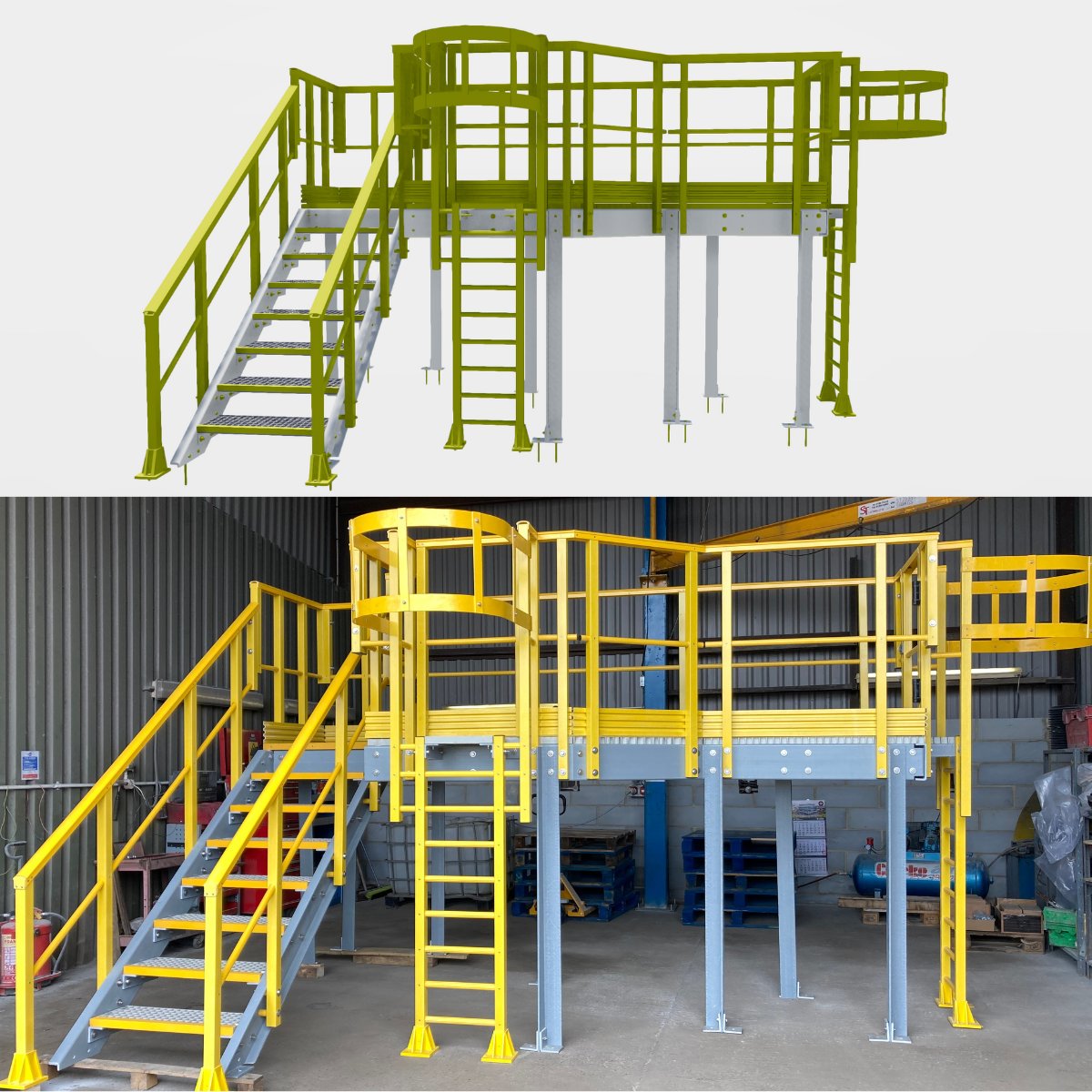 Did you know we also offer 3D modeling? This is a great way to visualise how your projects will look onsite, and it can help clients to better visualise dimensions and access etc.

Below = 3D model to show a GRP access platform vs actual structure once built in the workshop.