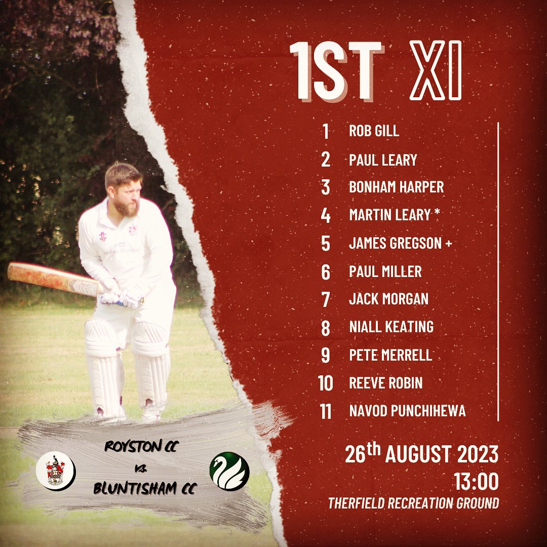 Royston Cricket Club (@roystoncc) on Twitter photo 📣TEAM NEWS📣
Just the one game for The Crows this Saturday, and it’s a big one as the 1st XI host <a href="/BluntyCC/">Bluntisham Cricket Club</a> in a top of the table clash with everything to play for. 1pm start as usual, at Therfield.
#RCC #Crows 🔴⚫️⚪️ 📣TEAM NEWS📣
Just the one game for The Crows this Saturday, and it’s a big one as the 1st XI host <a href="/BluntyCC/">Bluntisham Cricket Club</a> in a top of the table clash with everything to play for. 1pm start as usual, at Therfield.
#RCC #Crows 🔴⚫️⚪️