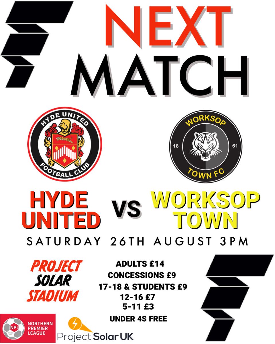 hydeunited's tweet photo. NEXT UP - It’s our second home game of the week this Saturday as we host @worksoptownfc at the @ProjectSolarBE stadium looking to build on Tuesday nights victory. Come and support your local team 🐯 #TigersHyde #OneClub https://t.co/rAv2tJis1g