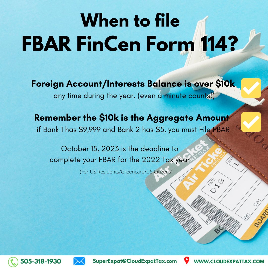 Cloudexpattax's tweet photo. Have a foreign bank account over $10k? The October 15 deadline is a few days away. The time to file you #fbar is now US #expats. https://t.co/NpdQEi9fTH