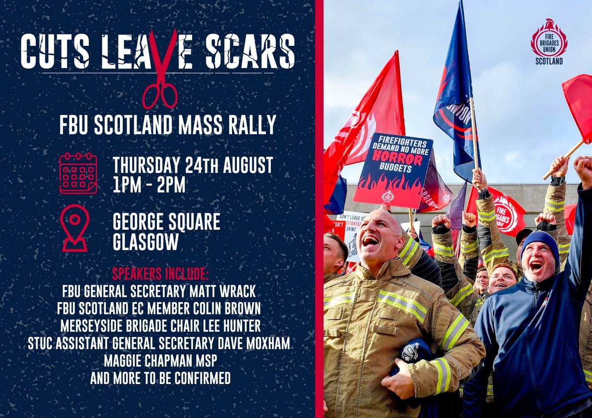 fbunational's tweet photo. 🚨Scottish firefighters are rallying in Glasgow TODAY

They're demanding proper funding from the Scottish Government to put an end to brutal cuts to their fire service.

✊Stand with them #CutsLeaveScars

📍 George Square, Glasgow
🕐 1pm - 2pm https://t.co/NhBocIyj33