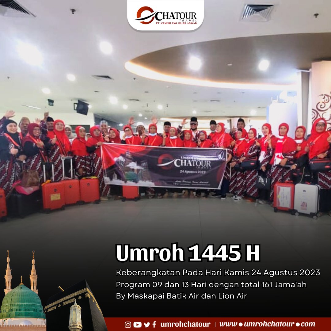 umrohchatour's tweet photo. Keberangkatan Jama'ah Umroh Chatour Travel pada Hari Kamis, 24 Agustus 2023 program 09 dan 13 Hari dengan total 161 Jama'ah by Maskapai Batik Air dan Lion Air.

#chatourtravel #chatourtravelsurabaya #CerdasHematAmanah #hajj #haji #umrah #umroh1445h #umrohamanah #umrah1445h https://t.co/bcZy6qVvTa