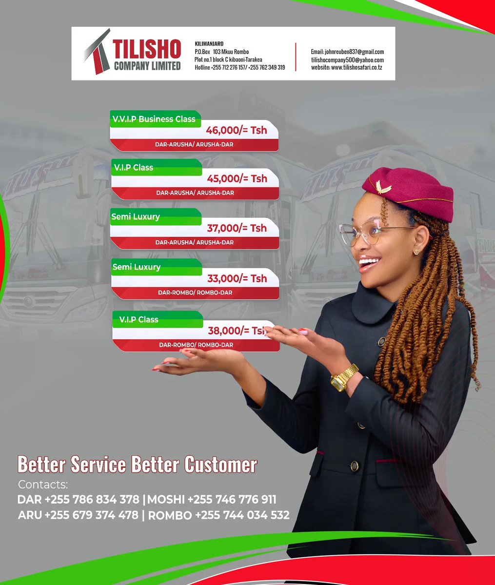 <a href="/Tilishosafaris/">𝐓𝐈𝐋𝐈𝐒𝐇𝐎 𝘽𝙐𝙎 𝑺𝑨𝑭𝑨𝑹𝑰𝑺🇹🇿</a>
Karibu sana tukuhudumie Kifalme 🦁🦁

#TilishoSafaris 
#PrideOfKilimanjaro 
#BetterServicesBetterCustomers 
#OfficialItwitterAccountOfTilishoSafaris