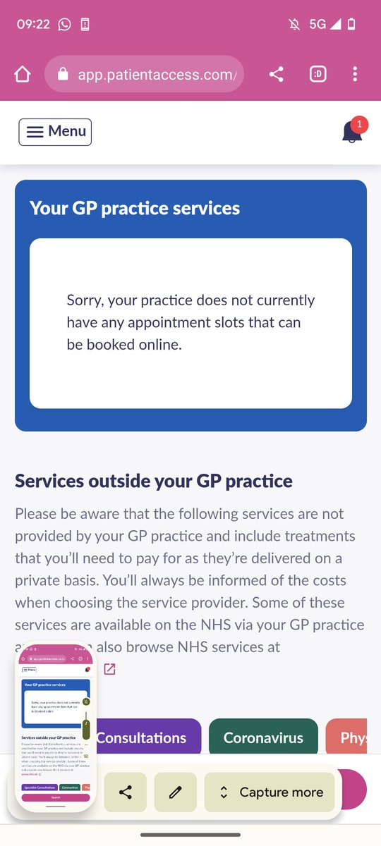 So my GP doesn't do walk-ins, you phone and are told to book via the website, go on website and no appointments available, only options offered are to pay for private specialists. This is the privatisation of the NHS, happening in front of our eyes.