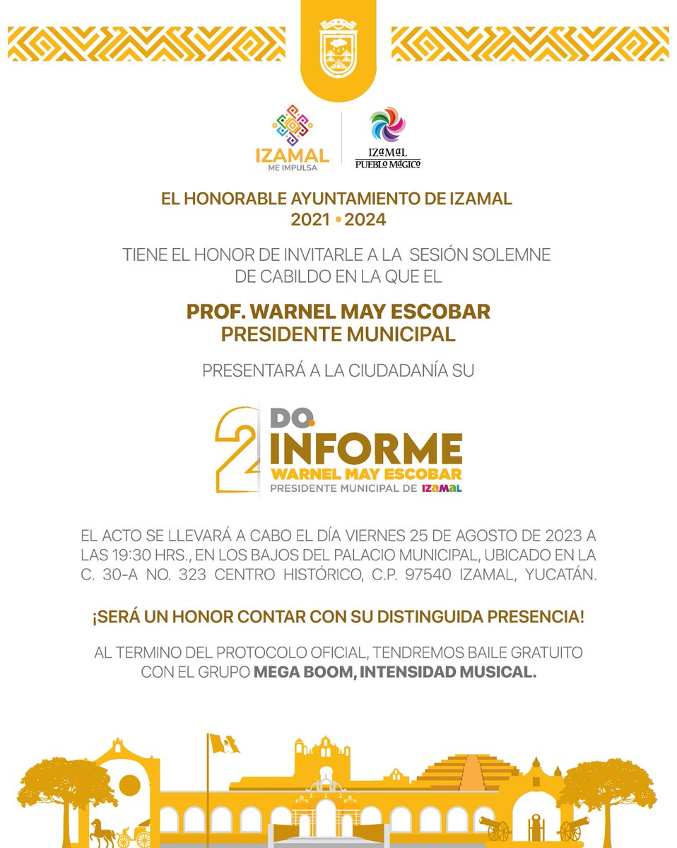 RodajeVisual's tweet image. 2DO INFORME DE RESULTADOS

El alcalde de #Izamal el Prof. @WarnelMayE del #AyuntamientoIzamal2124 dará a conocer el progreso y avance

25•08•2023|19:30hrs|PalacioMunicipal

&amp;gt; Al terminar el protocolo oficial, tendremos un baile con el 
#Megaboom #IntensidadMusical ✨