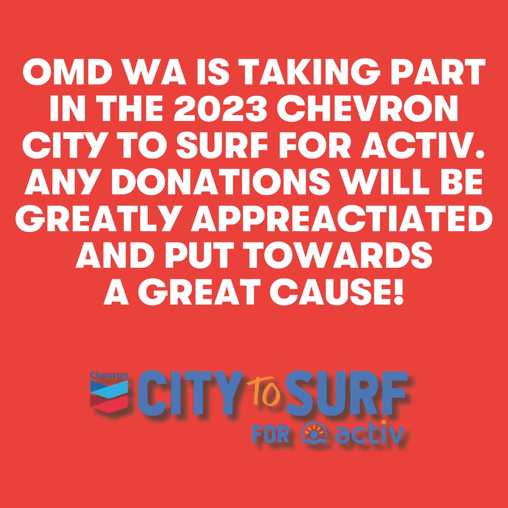 OMDWA's tweet photo. Join OMD WA in making a difference! We're gearing up for the Chevron City to Surf for Activ, a run for a great cause. Let's support Activ's incredible work together by raising funds. Every donation counts! Click the link below to contribute.

https://t.co/1y4lu0EnZ8 https://t.co/HIDICXLKjV
