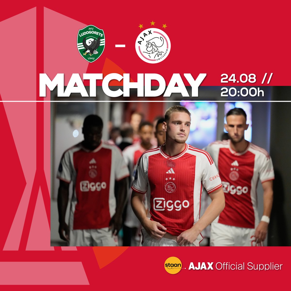 𝐌𝐚𝐭𝐜𝐡𝐝𝐚𝐲! ⚽️ Vanavond staan wij recht tegenover Ludogorets in de play-offs. De strijd voor een plek in de Europa League zal gaan losbarsten in Razgrad! #WijStaanvoorAJAX ❌❌❌ #LudAja