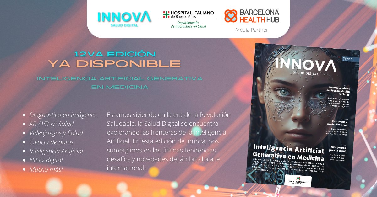 BCNHealthHub's tweet photo. The new issue of the #InnovaSaludDigital magazine is now available! It questions generative #AI and the answers brought with its aplications. 🤖 In this must-read number, they go way deeper into the capacities this technology has. Download it now here 👉https://t.co/4ZlWMn3w0Q https://t.co/R0Tv17aDq5