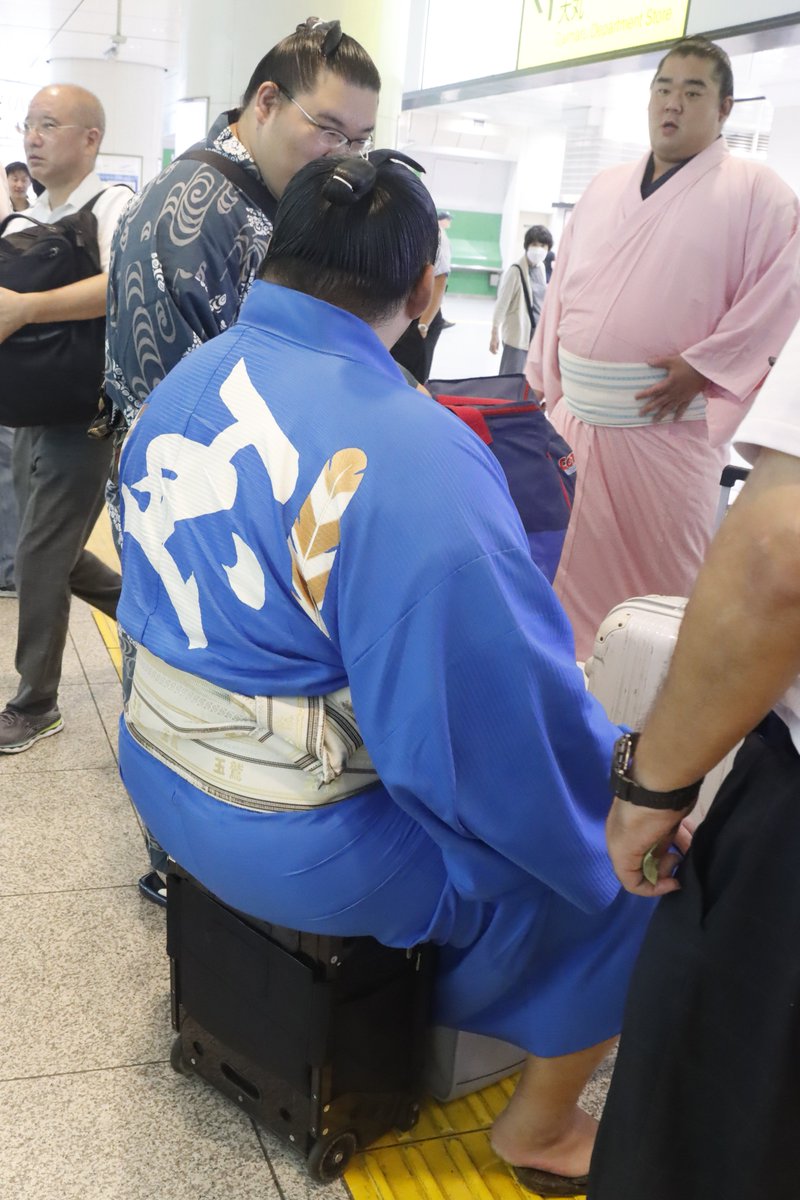 ＜夏巡業 #相撲列車＞
世話人錦風のスーツケースに座って休憩する玉鷲。
自称180kgですが、耐久重量は130kgとのこと。

#sumo #相撲 #巡業 #玉鷲