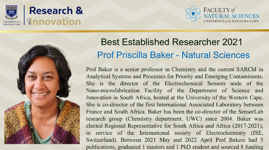 UwcResearch's tweet photo. Best Established Researcher 2021
Winner: Prof Priscilla Baker UWC @UWCNaturalSci Faculty of Natural Sciences

You could be next! https://t.co/J2vouPYkEP