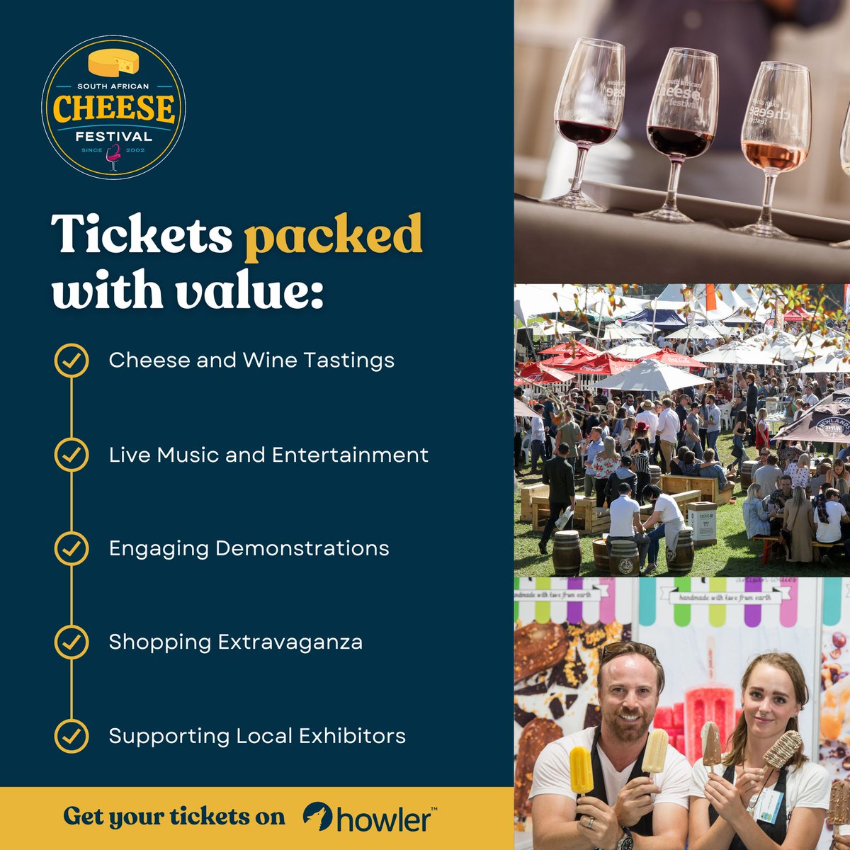 Your ticket includes delicious cheese and wine tastings, captivating cooking demonstrations, toe-tapping live music, a delightful shopping experience, and a chance to support local exhibitors. Now that's value for money! #cheesefestival #culinaryfestival