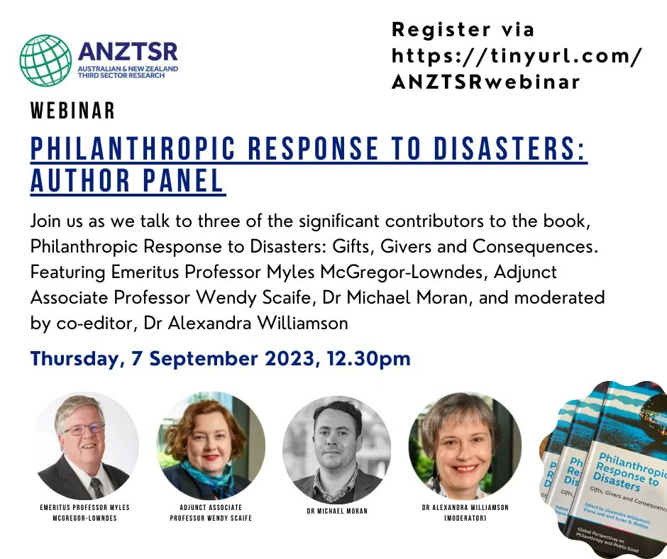 Register buff.ly/3YQUSBw for the forthcoming Australia & New Zealand Third Sector Research webinar at 12:30 pm AEST on Thurs 7 Sept. Hear Myles McGregor-Lowndes, @w_scaife @acpns_qut & Michael Moran @CSIsocialimpact discuss their book chapters buff.ly/3EcJiah
